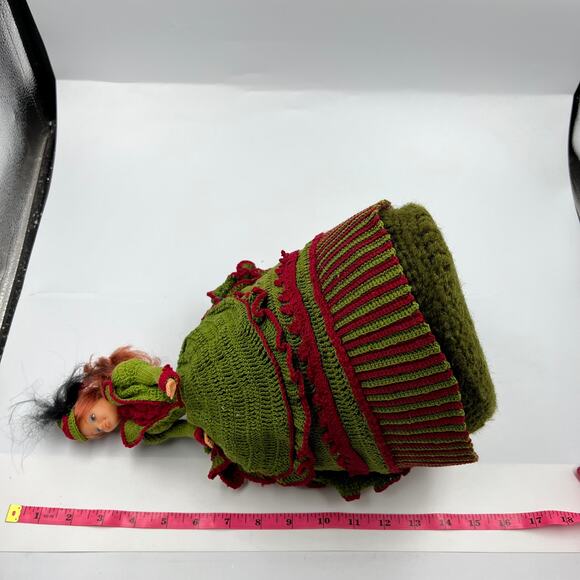Vintage Scarlet Doll Crochet Dress Green Red Victorian Gown Handmade Barbie - Picture 5 of 10